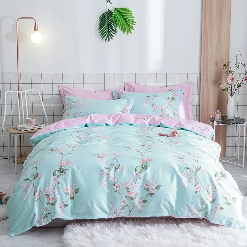 

Blue Solid Color Pink Prints Sheet Pillowcase 3/4Pc Duvet Cover Set Children Bedding Sets Twin Full Size Bedlinen 100% Cotton