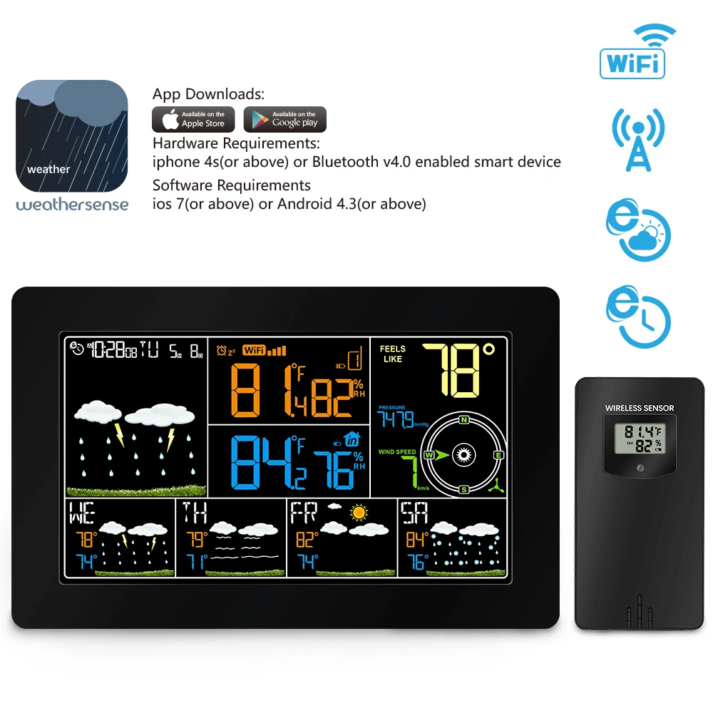 

Wifi Wireless Weather Station Thermometer Hygrometer Indoor Outdoor with Alarm Clock Temperature Pressure Wind Speed Display