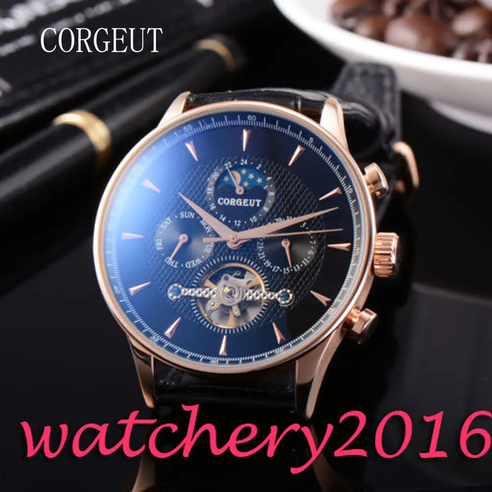 

Luxury Corgeut 44mm Moon Phase Black dial golden case Date Day Automatic movement Men's Watch