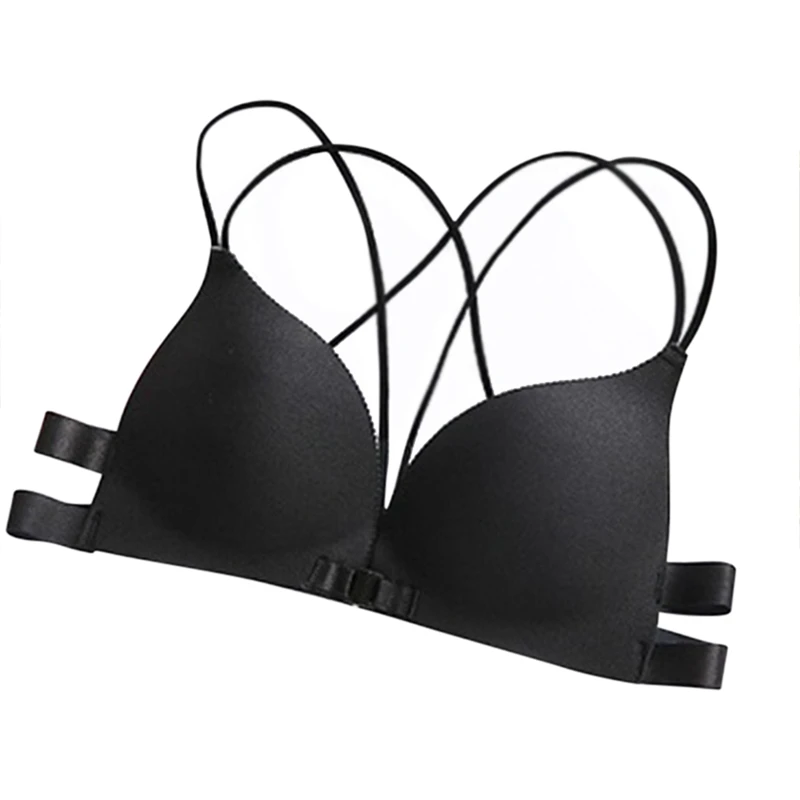 Front Closure Sexy Women Bras Backless Underwear Women Padded Wire Free Bra Strappy Super Push Up Bralette - Цвет: Черный