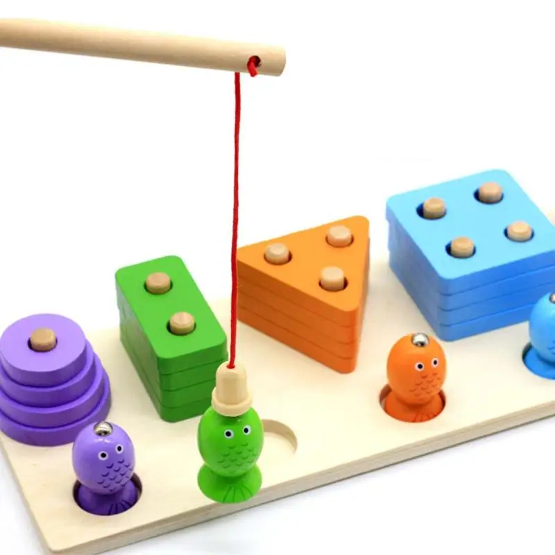Монтессори Деревянные рыболовные цифровые игрушки столб блоки игра красочная геометрическая форма ребенок Дети Ранние развивающие игрушки подарки