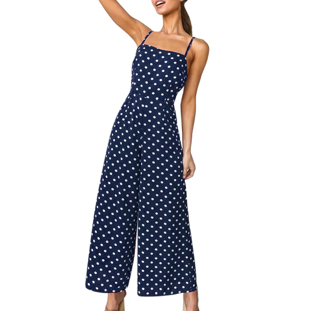

CHAMSGEND High Quality Womens Polka Dot Holiday Wide Leg Pants Long Jumpsuit Fashion Sleeveless Backless Strappy Playsuit De24