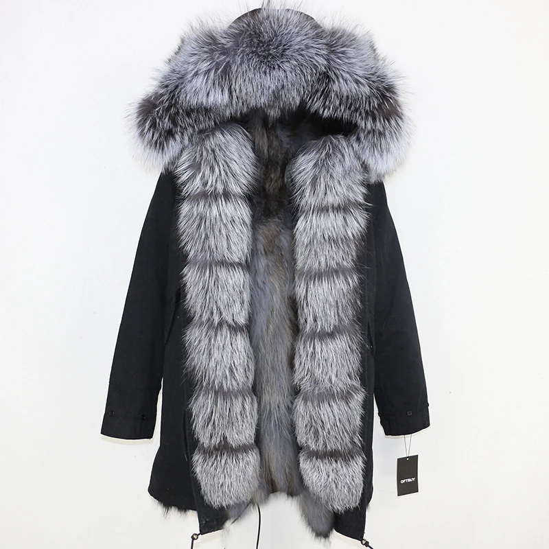 Натуральный мех пальто бренд зимняя куртка женская парка натуральный Лисий Мех уличная толстые теплые расцепная верхняя одежда Длинные парки - Цвет: black silver