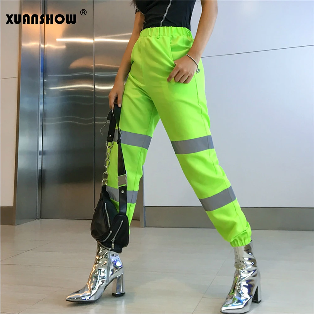Женские штаны карго XUANSHOW уличные Светоотражающие зеленые брюки с высокой талией