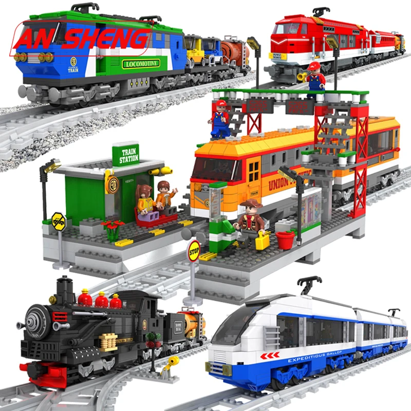 

New Compatible Legoing City Train Wagon Cargo Carriage Passenger Station Rail Tracks Locomotive Building Blocks Toys Friends