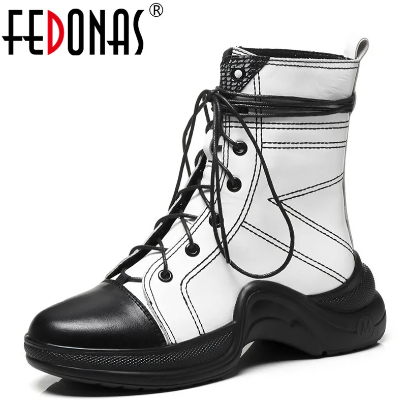 FEDONAS New Women Ankle Boots Genuine Leather Autumn Winter Warm Wedges Heels Shoes Woman Round Toe Cross-tied Sewing Sneakers