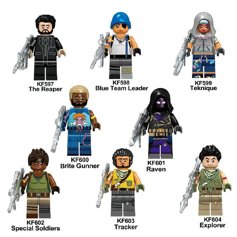 

8Pcs With Real Metal Weapon Blue Team Leader Teknique Game Fortnight Battle Royale Action Figures Gift Toy For Children KF6050