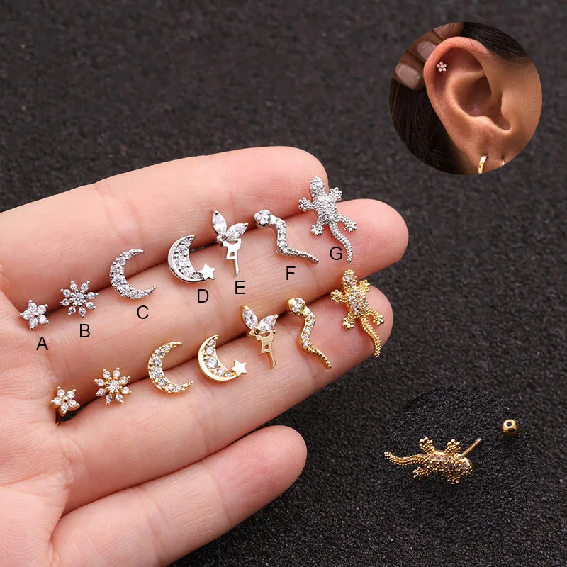 

Feelgood 10pcs/lot 20g Stainless Steel Ear Piercing Stud Cz Snake Gecko Flower Moon Cartilage Helix Conch Screw Back Earring