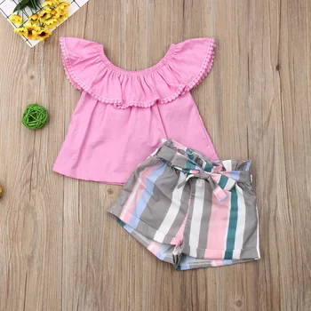 

Pudcoco Summer Toddler Baby Girl Clothes Off Shoulder Ruffle Solid Color Tops Striped Short Pants 2Pcs Outfits Casual Clothes