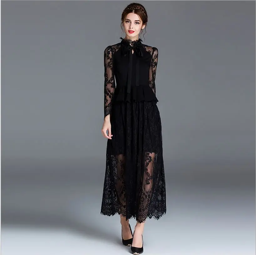 

New Arrival 2019 Spring Women's O Neck Long Sleeves Embroidery Lace Ruffles Bow Detailing Elegant Long Black Dresses