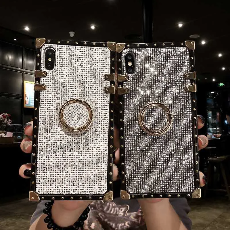 Модный Роскошный квадратный блестящий чехол с алмазным кольцом для iPhone X, XR, Xs, Max, 6 S, 7, 8 Plus, американский тренд, мягкий силиконовый чехол для samsung S8
