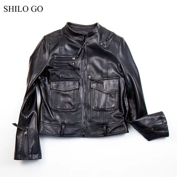 

SHILO GO Leather Jacket Womens Spring Fashion sheepskin genuine leather coat Stand collar front pocket zipper locomotive jacket
