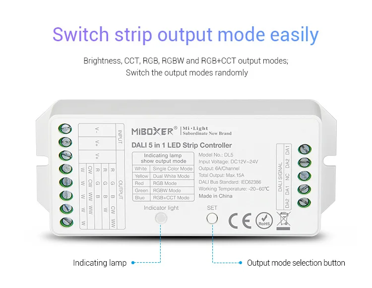 DL5 DP1 DP2 DP3 DALI RGB+CCT brightness color temperature dimming panel DALI Bus Power Supply 5 IN 1 LED Strip Controller