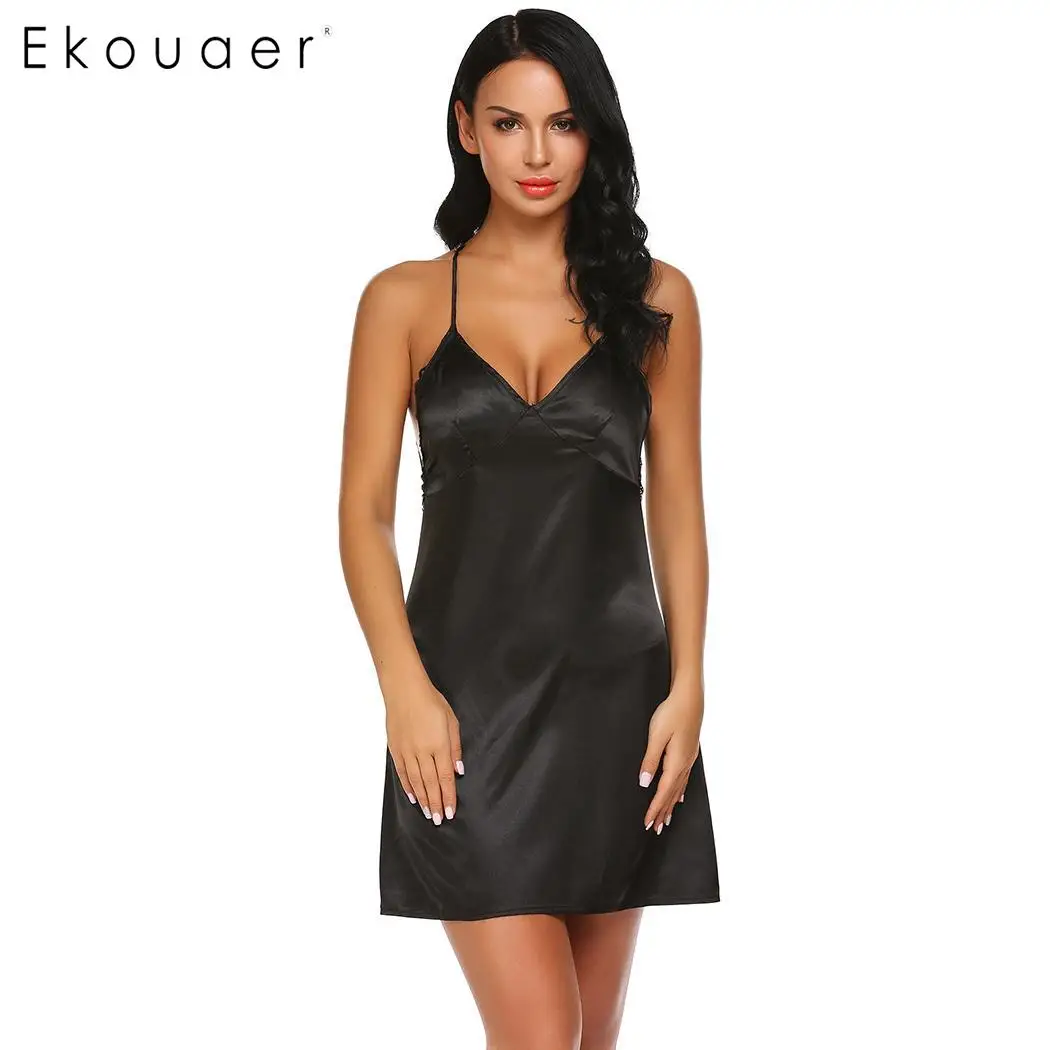 Women Lingerie Satin Nightgown Lace Patchwork Chemise Spaghetti Strap Sleepwear