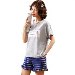 2019 Лето Высокое качество дышащие женские хлопковые пижамы с короткими рукавами простые повседневные с круглым воротником шорты костюм