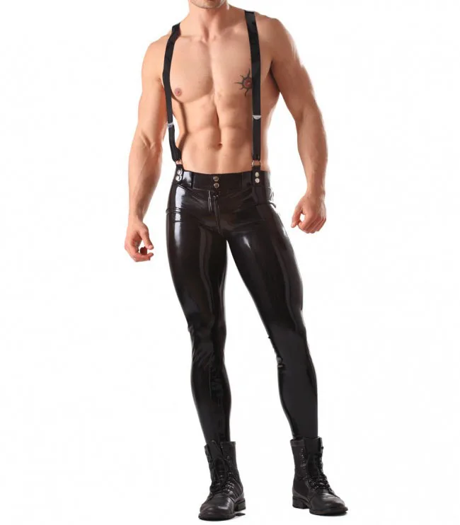 

Latex Jeans With Blet Front Zipped 0.4MM Thickness Latex Handmade suspender Trousers Tight Overalls