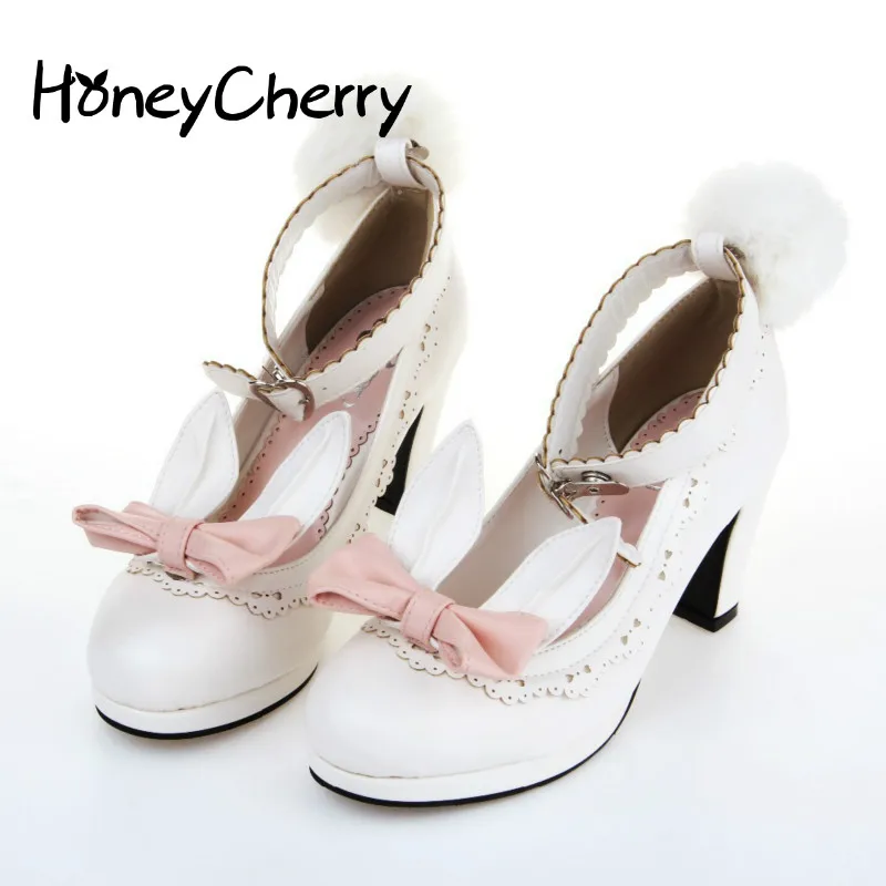 $21.83 Rabbit Ears Shoes Ribbon Fluffy Pumps Single High Heel Shoes Student Lolita Shoes