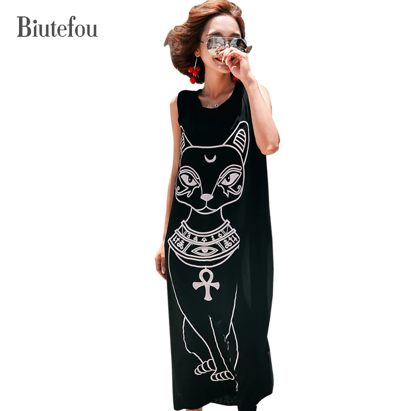 

2020 Summer cartoon print sleeveless long dresses new fashion women o-neck back hollow dresses