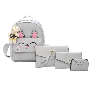 

4Pcs/set Cute Rabbit Ears Women Cat Print Backpack Female PU Leather School for Teenage Girls Student Composite Bag Rucksack