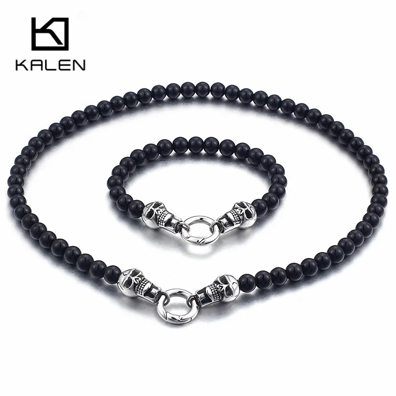 

Kalen Fashion Stainless Steel 500MM Skull Necklace And 220MM Bracelet Set 19MM Width Beaded Chain Punk Cool Men's Party Jewelry