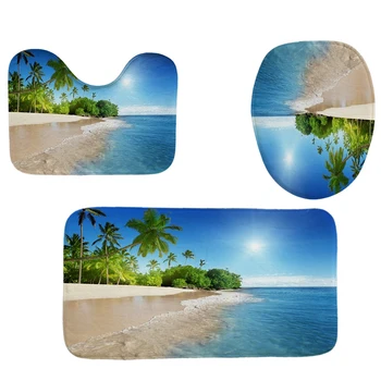 

4Pcs Home Bathroom Decor Set Seaside Forest Pattern Toilet Seat Cover Bath Mat Set Waterproof Shower Curtain