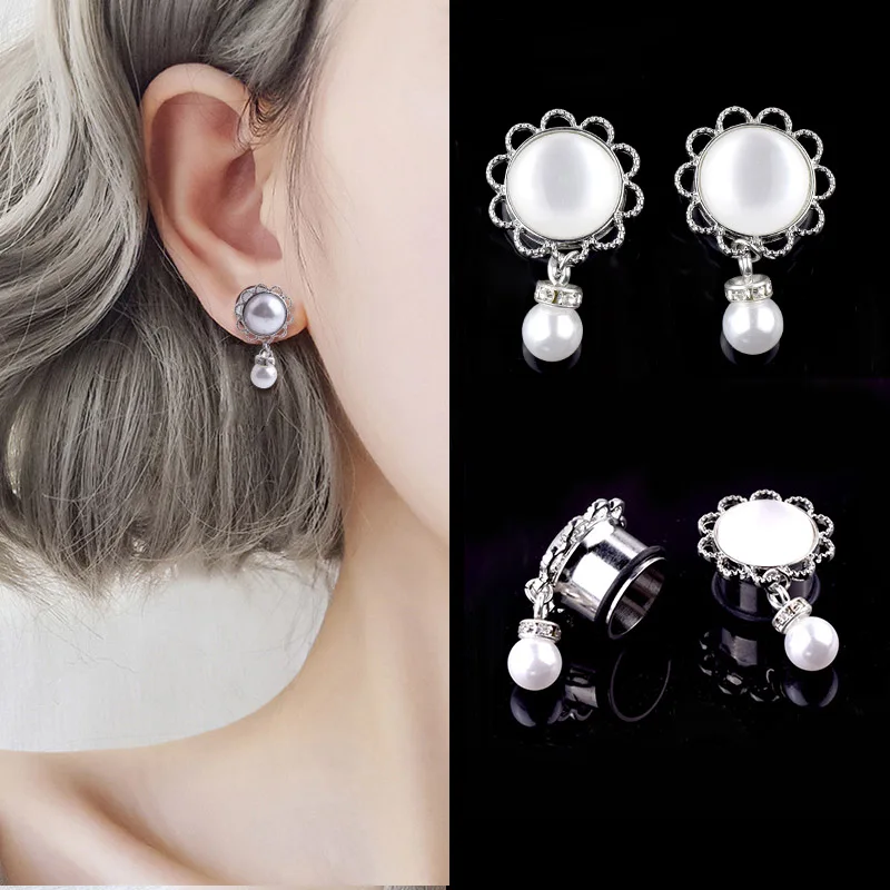 

1 Pair Women Ear Piercing Plugs Tunnel Stainless Steel Imitation Pearl Crystal Stud Earrings KQS8