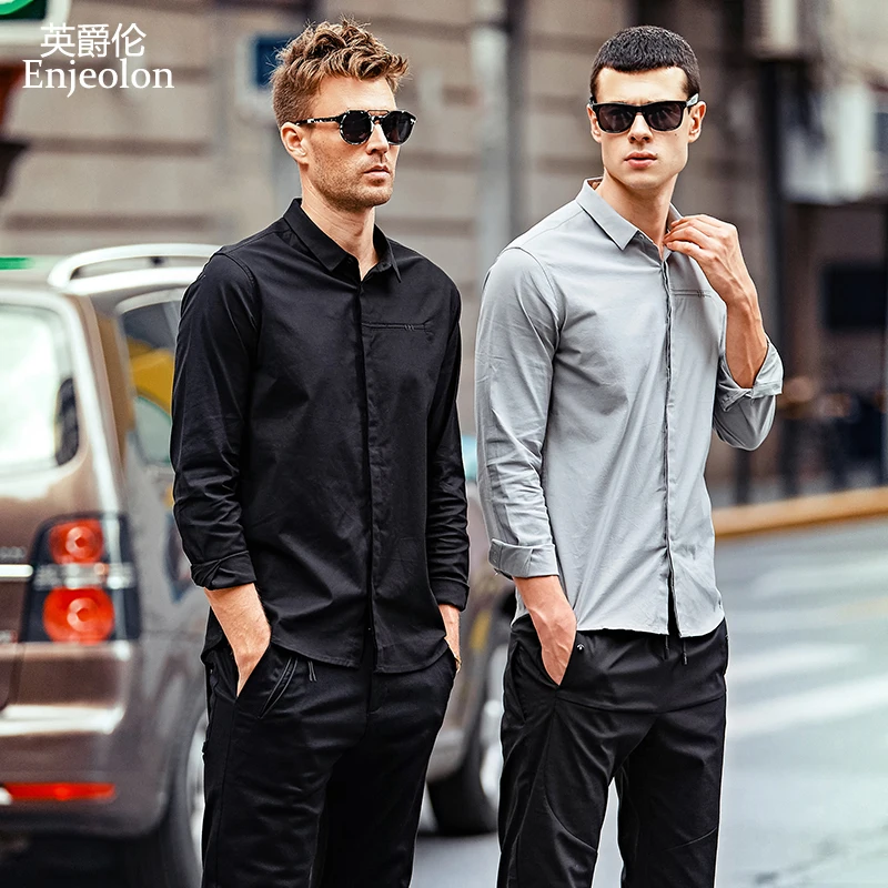 Enjeolon бренд весна camisa masculina хлопковые рубашки мужские однотонные рубашки мужские 3XL блузка с длинным рукавом карманные рубашки для мужчин