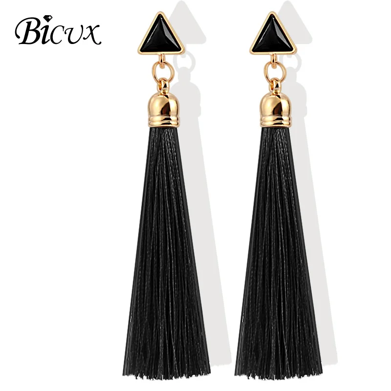 Black BICUX богемные золотые длинные висячие серьги с кисточками для Женщин, Модные Винтажные этнические серьги с подвеской-треугольником, ювелирное изделие - Окраска металла: Black