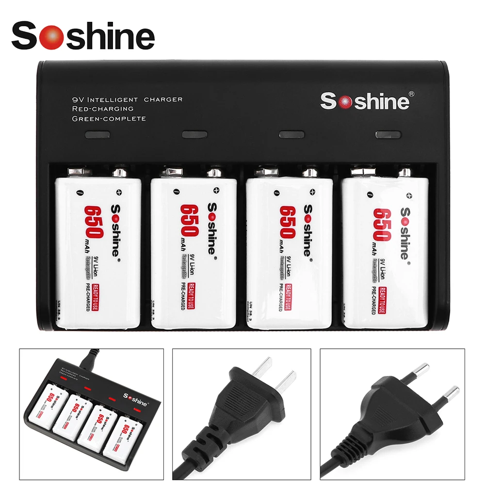 4pcs Soshine 650mah 9v 6f22 Liion Rechargeable Battery + 4 Slots Smart Intelligent 9v Battery
