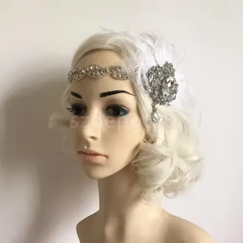 

Vintage Wedding Bridal Flapper Feather Diamante Rhinestone Headband Hair Band 1920s White