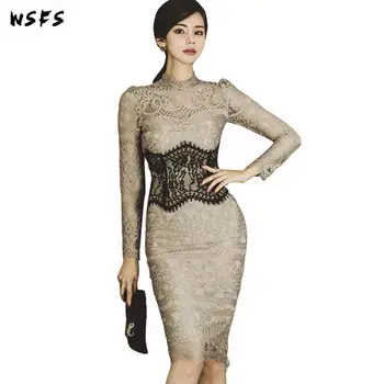

Spring Lace Dresses Khaki Oneck Long Sleeve Women Dress Bandage Bodycon Vintage Sexy Party Elegant Ladies Midi Pencil Wrap Dress