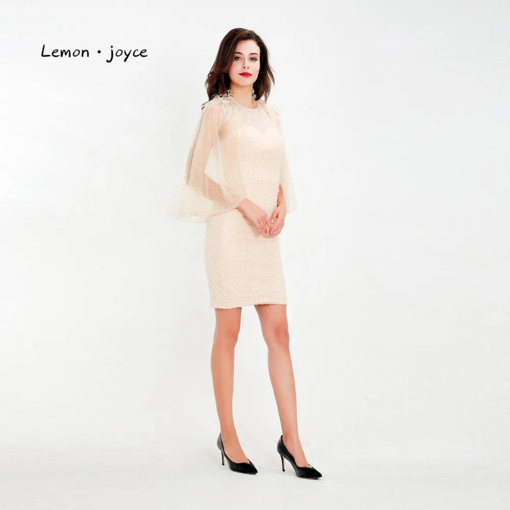 Lemon joyce Элегантное коктейльное платье простая линия ампир плащ жемчуг перья длиной до колена Короткие вечерние платья