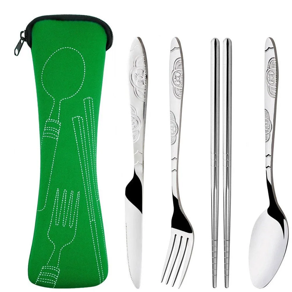 Großhandel Edelstahl Gabel Löffel Stäbchen mit Tasche Tasche Outdoor Sports Camping Picknick Geschirr Besteck Set Party|Outdoor-Geschirr|Sport und Unterhaltung -
