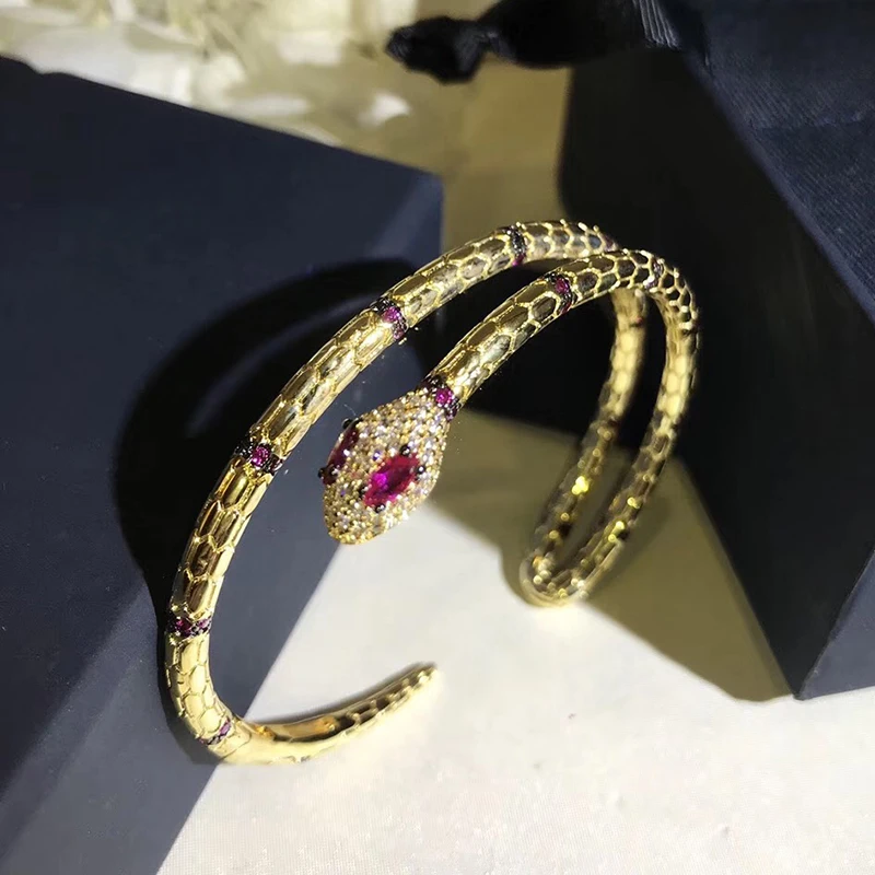 

Brand Pure 925 Sterling Silver Jewelry For Women Gold Color Snake Bangle Red Eyes Bangle Wedding Jewelry Thin Silver Bracelet