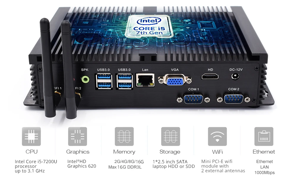 Промышленные безвентиляторный мини-ПК Intel Core i7 5550U HDMI VGA HD 4 K Micro компьютер 2* RS232 COM Intel Core i3 7100U i5 киоск прочный ПК 5250U