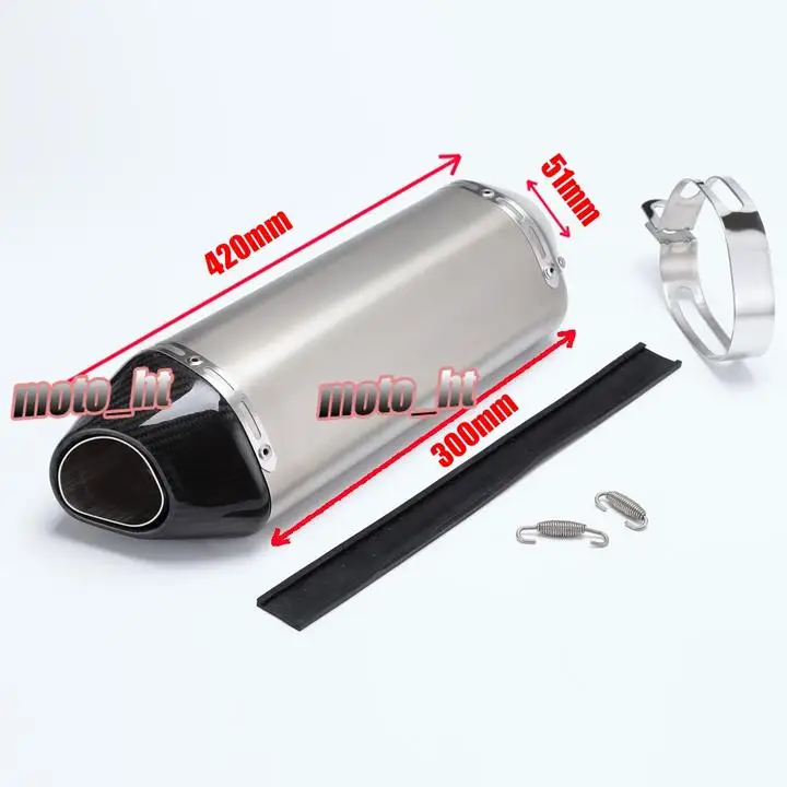 51mm Inlet Muffler Silencer Exhaust Pipe, Stainless Steel Body + Carbon