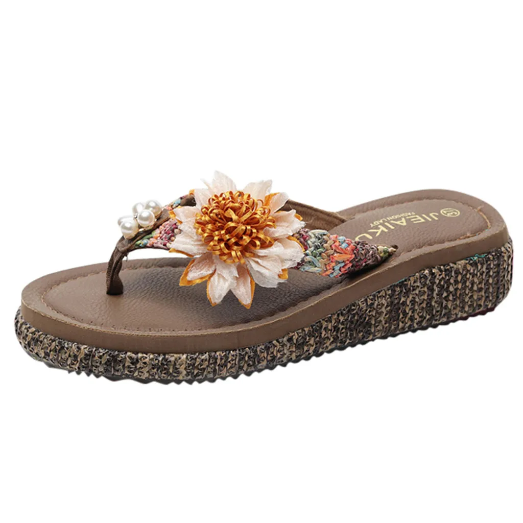 Для женщин Пляжная женская обувь, Тапочки Летние сандалии Вьетнамки с цветами; пляжные сандалии на танкетке; шлепанцы на платформе;# g2