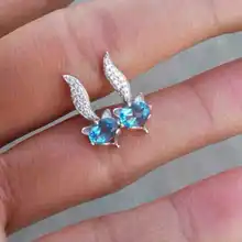 Природный Голубой топаз серьги-гвоздики ASOS S925 серебро Природный синий драгоценный камень Серьги Fox для Женская партия тонкой круглой Серьги ювелирные изделия