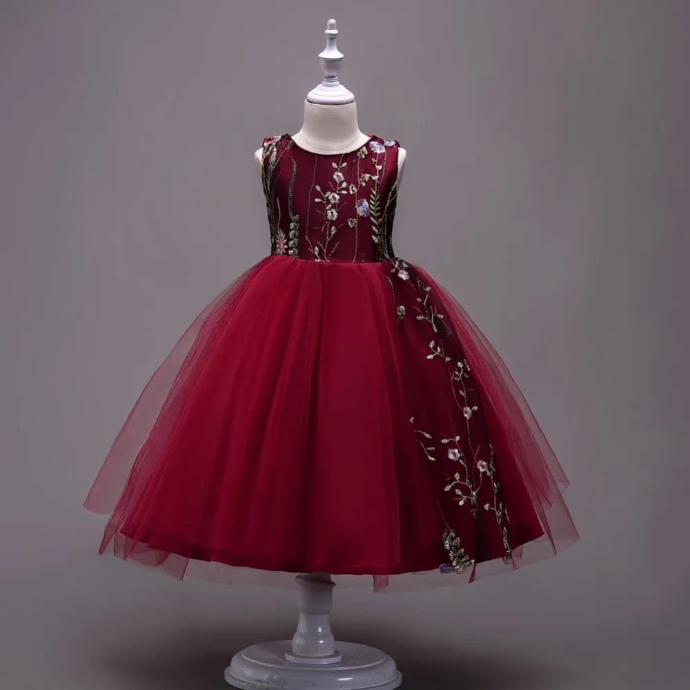 Платье для девочек, элегантное платье принцессы с цветочной вышивкой, бальное платье с цветочным узором для девочек, красное платье высокого качества, roupas infantis menina