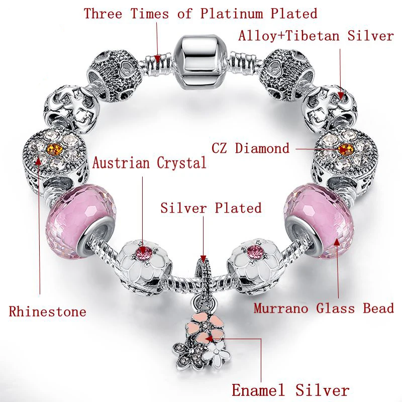 ELESHE Original 925 Enamel Silver Daisy Flower Crystal Charms Bracelet Bangle With Murano Glass Bead for Women Wedding Jewelry