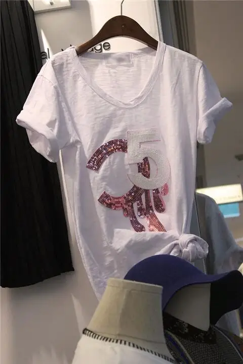 

S M L Xl Spring Summer 2017 White Casual Loose O-neck Short Sleeve T-shirt Number Sequin Slub 100% Cotton Female