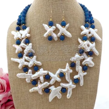 

S093009 18'' 2 Strands White Cross Pearl Blue Onyx Necklace Earrings Set