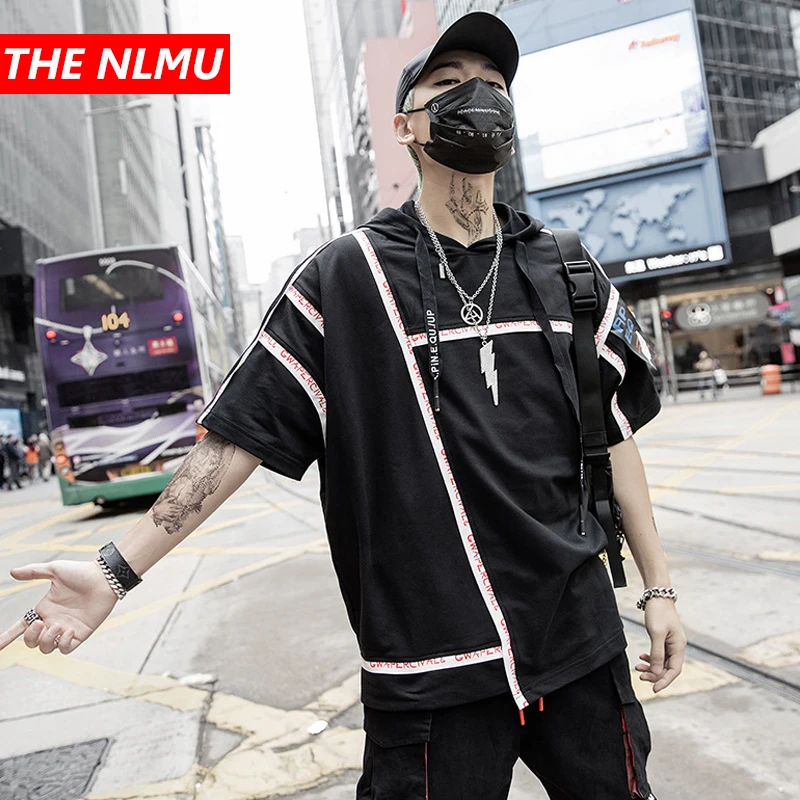 

Black Hooded T-shirt Men Women Hip Hop Tshirt 2019 Harajuku Patchwork Design Short Sleeve Sweatshirt Streetwear Tees Tops WG323