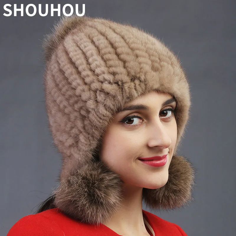 

SHOUHOU 2018 Girls Winter Warm Hats Fashion Women Real Mink Fur Caps Hats Female Fedoras Hats Christmas Gift Fur Female Hats