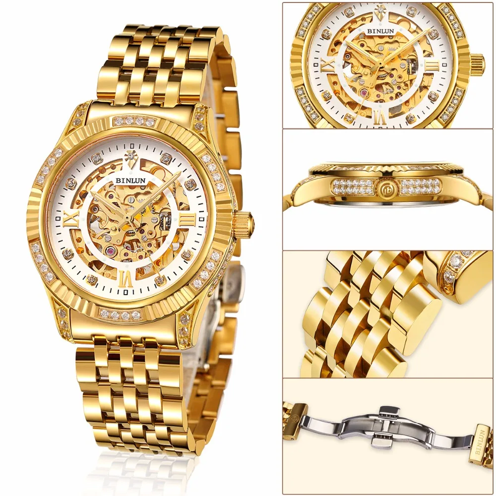 BINLUN 18K Gold Luxury Automatic Watch Skeleton Movement Watch Men's Sapphire Crystal Diamond Automatic Business Men's Watches