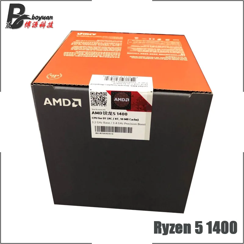 Процессор AMD Ryzen 5 1400 R5 1400 3,2 ГГц четырехъядерный Восьмиядерный процессор L2 = 2 м L3 = 8 м 65 Вт YD1400BBM4KAE Socket AM4 и с вентилятором