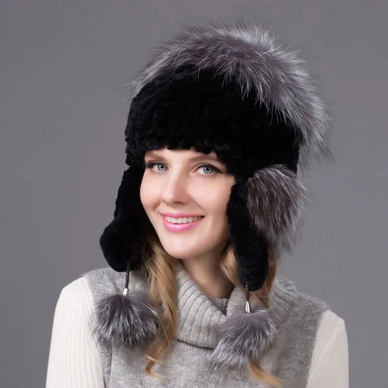 Women's Bomber Hats Winter Rex Rabbit Fur Hat Warm Ear Hat Knit Bomber