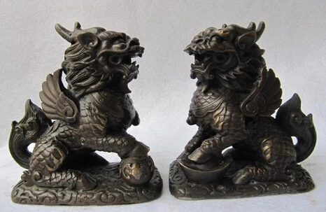 

xd 003131 Royal Copper Bronze Fengshui Lucky Wealth EVil Kylin Kilin Kirin Statue Pair