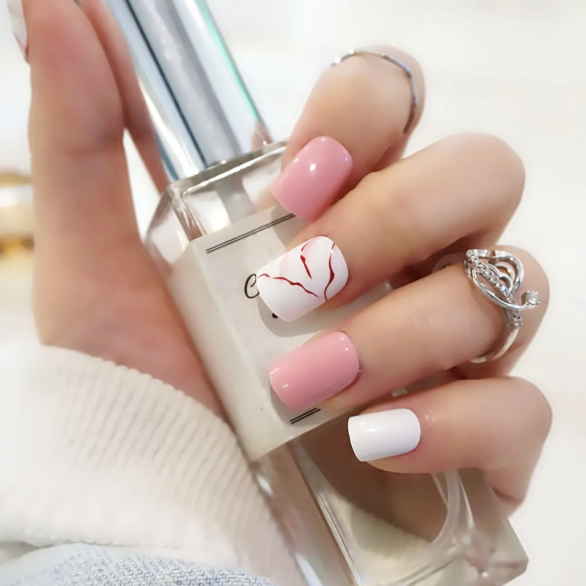 

24pcs Pink Sfumato Obvious white Manicure 3D False Nails Pre-design Short Art Full Cover Nail Tips Plastic Fake Nails