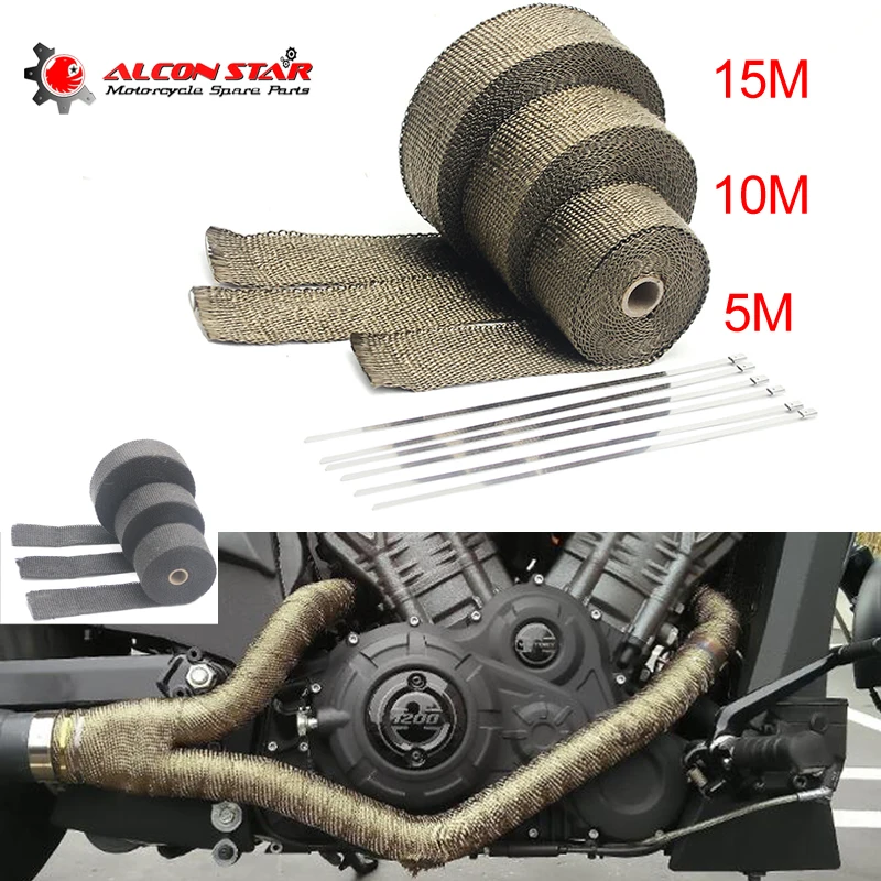 

Alconstar- 5M/10M/15M Motorcycle Car Exhaust Heat Wrap Roll Tap Kit for Fiberglass Heat Shield Tape with 6 Stainless Ties ATV CB